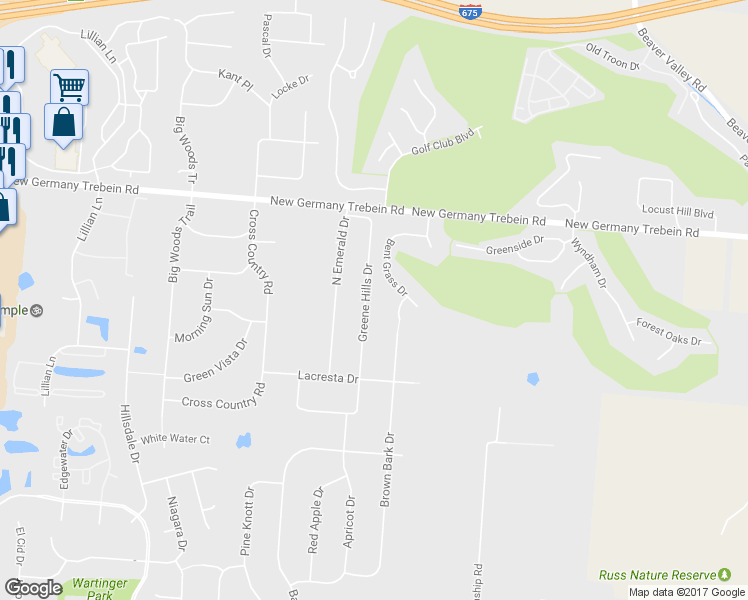 map of restaurants, bars, coffee shops, grocery stores, and more near 2641 Green Hills Drive in Dayton