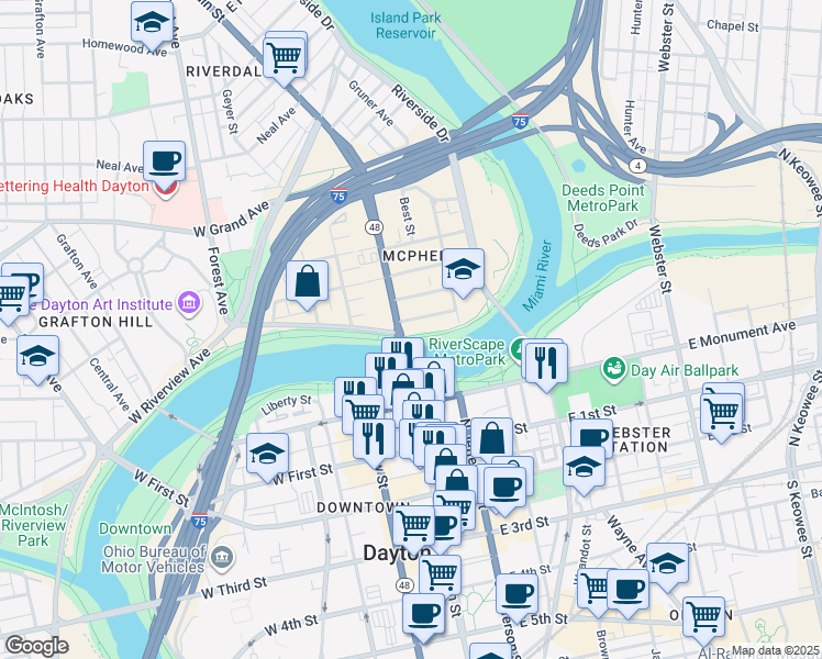 map of restaurants, bars, coffee shops, grocery stores, and more near in Dayton