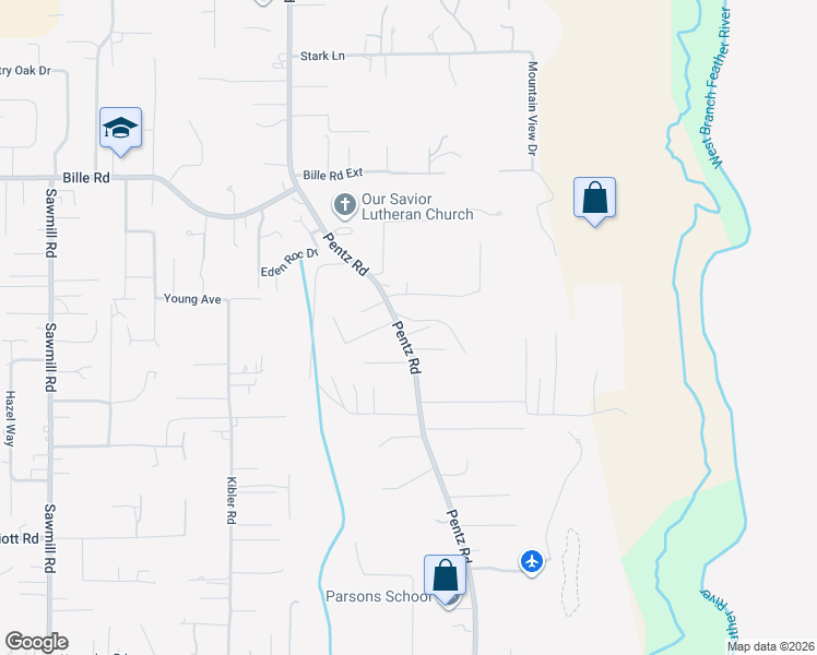 map of restaurants, bars, coffee shops, grocery stores, and more near 6284 Pentz Road in Paradise