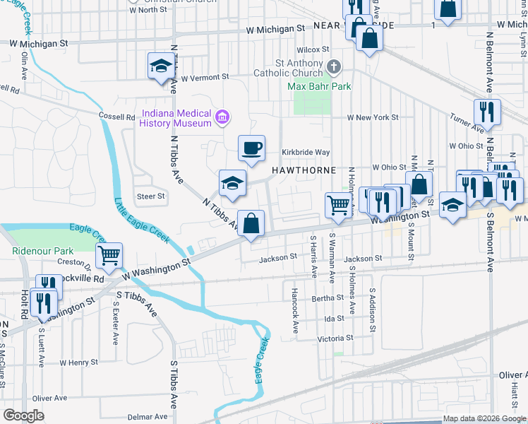 map of restaurants, bars, coffee shops, grocery stores, and more near 52 Central Greens Boulevard in Indianapolis
