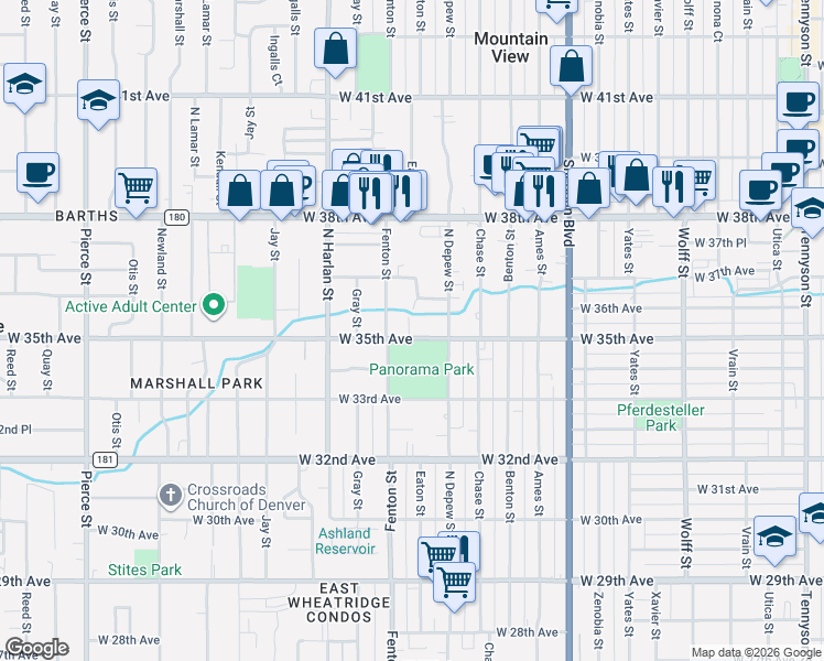 map of restaurants, bars, coffee shops, grocery stores, and more near 5701 West 35th Avenue in Wheat Ridge