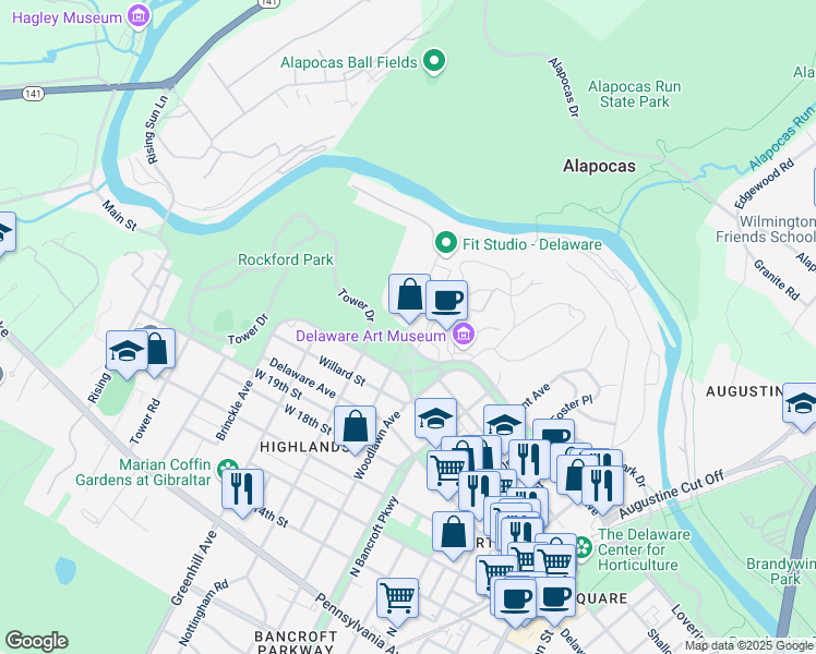 map of restaurants, bars, coffee shops, grocery stores, and more near Rockford Road in Wilmington