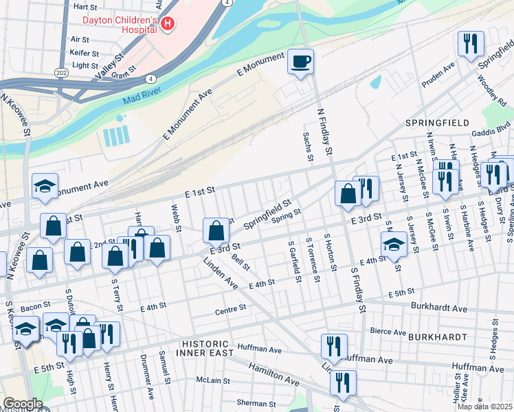 map of restaurants, bars, coffee shops, grocery stores, and more near 127 North Garfield Street in Dayton