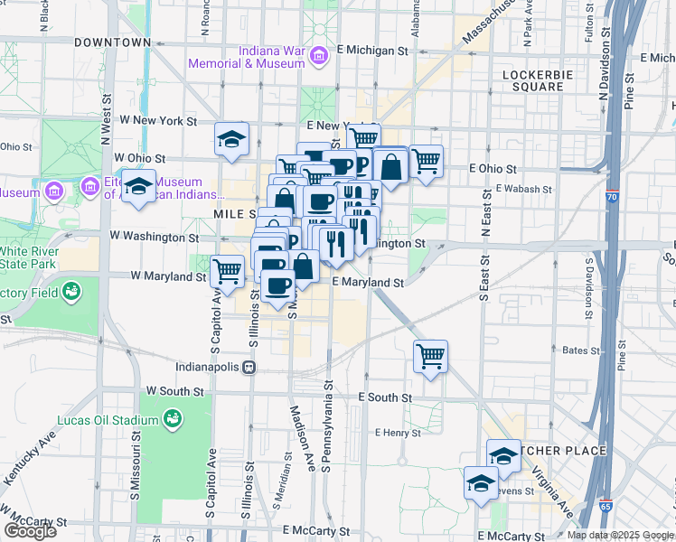 map of restaurants, bars, coffee shops, grocery stores, and more near 76 Virginia Avenue in Indianapolis