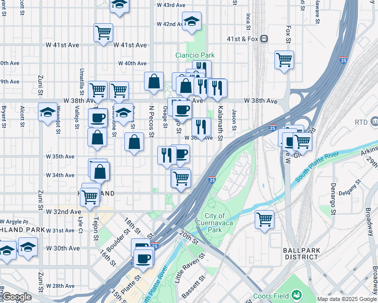 map of restaurants, bars, coffee shops, grocery stores, and more near 3543 Mariposa Street in Denver