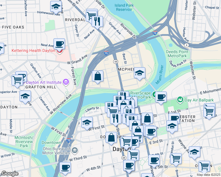 map of restaurants, bars, coffee shops, grocery stores, and more near 57 West Riverview Avenue in Dayton