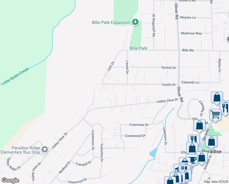 map of restaurants, bars, coffee shops, grocery stores, and more near 6082 McKinney Lane in Paradise