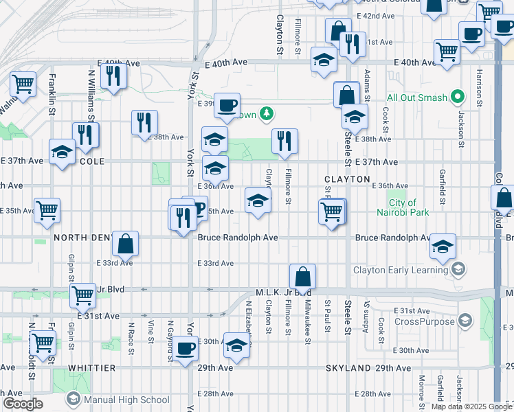 map of restaurants, bars, coffee shops, grocery stores, and more near 3547 Clayton Street in Denver