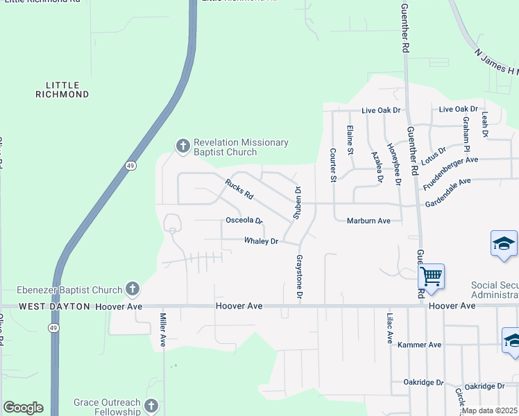 map of restaurants, bars, coffee shops, grocery stores, and more near 5147 Rucks Road in Dayton