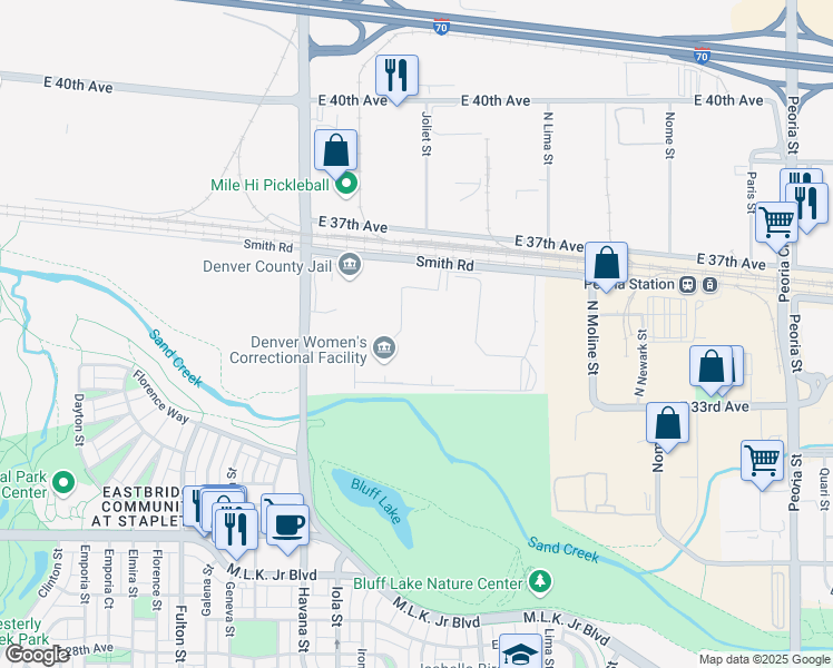 map of restaurants, bars, coffee shops, grocery stores, and more near 10500 East Smith Road in Denver