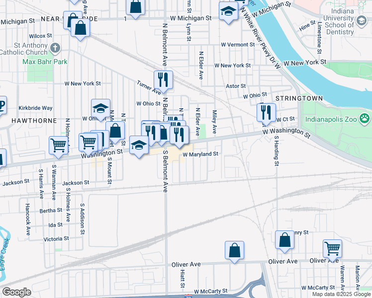 map of restaurants, bars, coffee shops, grocery stores, and more near 2001 West Washington Street in Indianapolis