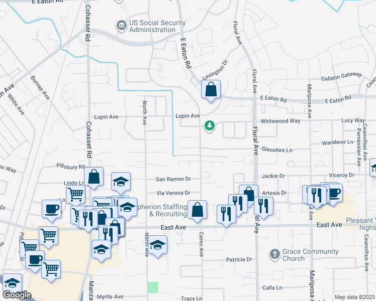 map of restaurants, bars, coffee shops, grocery stores, and more near 6 Glenshire Lane in Chico