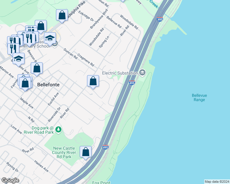 map of restaurants, bars, coffee shops, grocery stores, and more near 1024 Governor House Circle in Wilmington