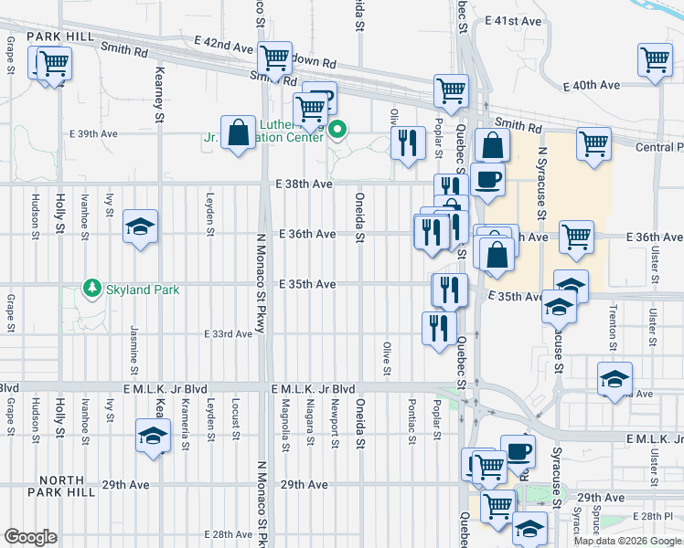 map of restaurants, bars, coffee shops, grocery stores, and more near 3541 Oneida Street in Denver