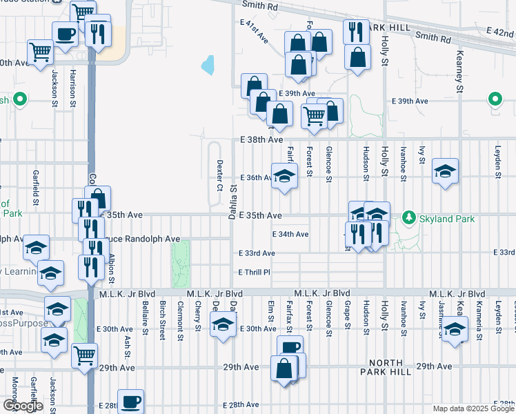 map of restaurants, bars, coffee shops, grocery stores, and more near 3541 Elm Street in Denver