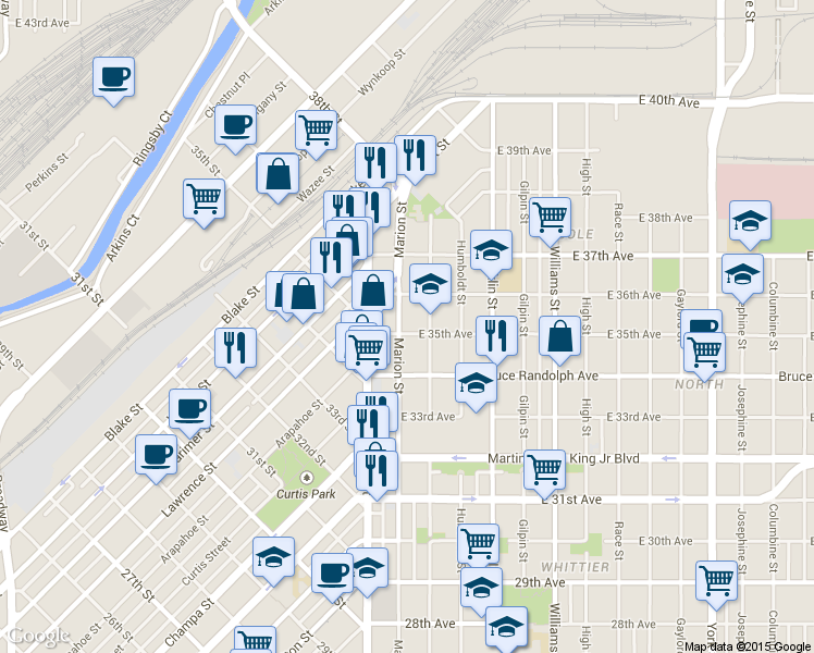 map of restaurants, bars, coffee shops, grocery stores, and more near 3539 North Lafayette Street in Denver