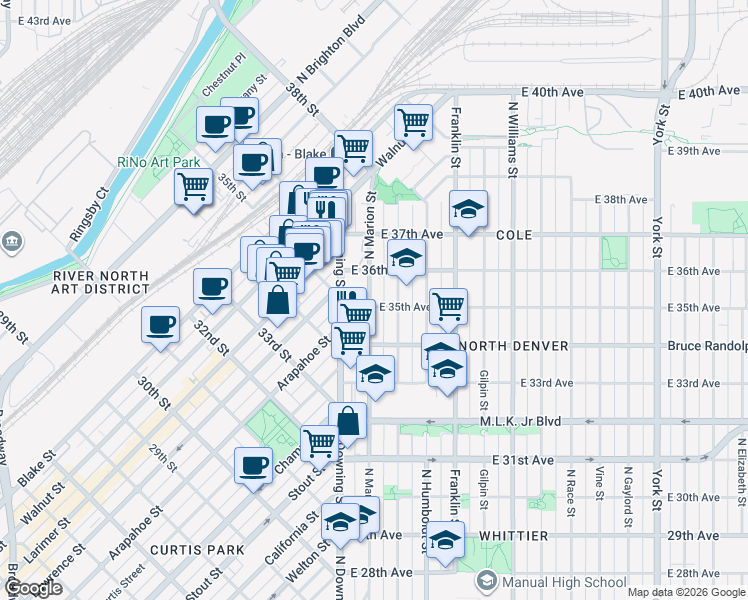 map of restaurants, bars, coffee shops, grocery stores, and more near 3539 North Lafayette Street in Denver
