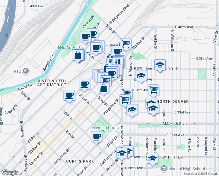map of restaurants, bars, coffee shops, grocery stores, and more near 1220 35th Street in Denver