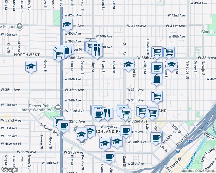 map of restaurants, bars, coffee shops, grocery stores, and more near 2526 West 36th Avenue in Denver