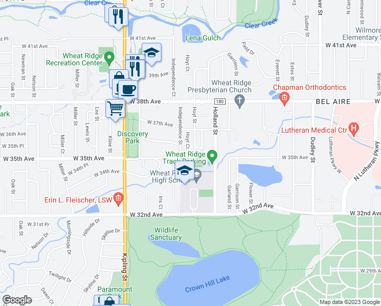 map of restaurants, bars, coffee shops, grocery stores, and more near 3635 Holland Court in Wheat Ridge