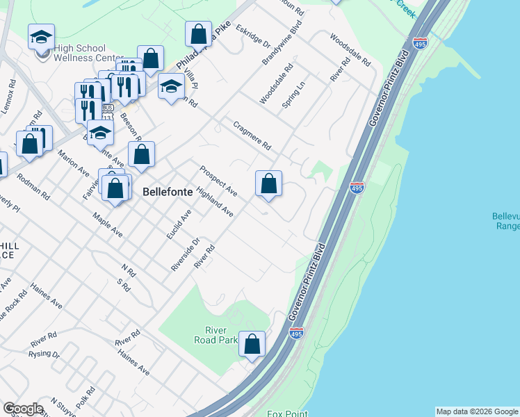 map of restaurants, bars, coffee shops, grocery stores, and more near 1303 River Road in Wilmington