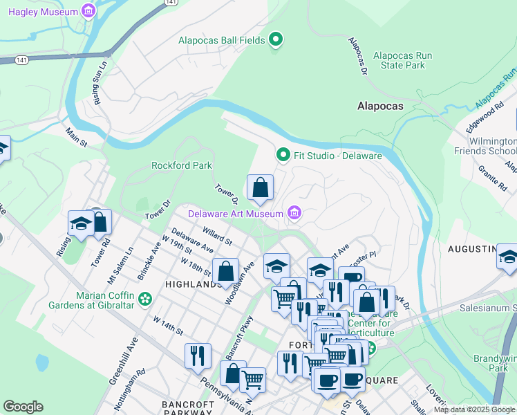 map of restaurants, bars, coffee shops, grocery stores, and more near 22 Rockford Road in Wilmington