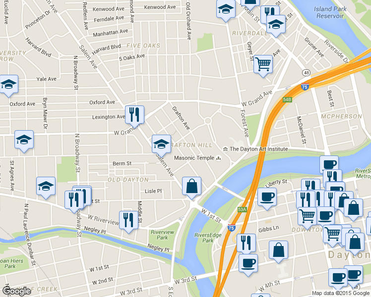 map of restaurants, bars, coffee shops, grocery stores, and more near 137 Grafton Avenue in Dayton