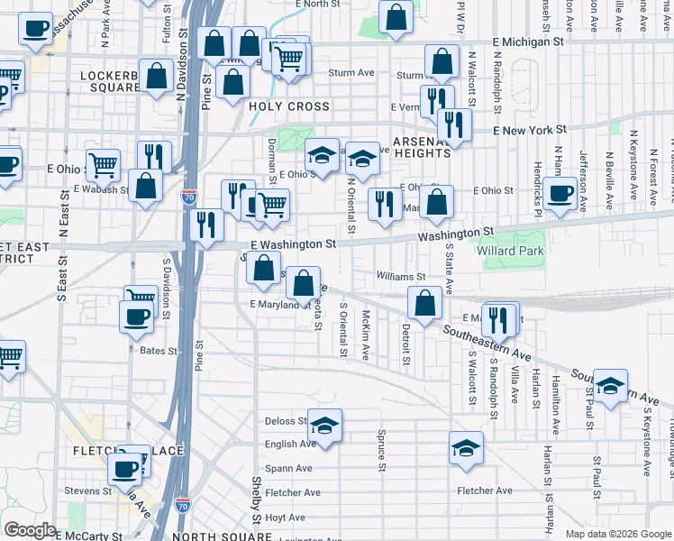 map of restaurants, bars, coffee shops, grocery stores, and more near 1301 East Washington Street in Indianapolis