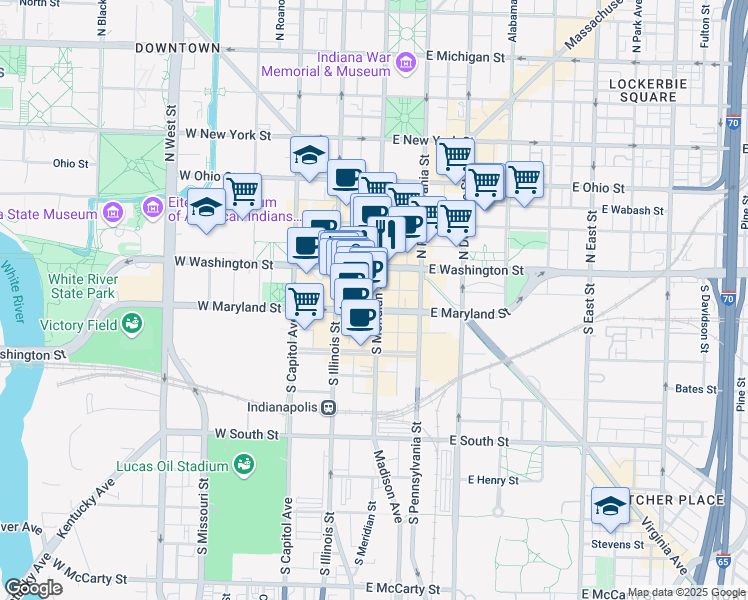 map of restaurants, bars, coffee shops, grocery stores, and more near 49 West Maryland Street in Indianapolis