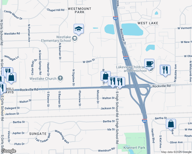 map of restaurants, bars, coffee shops, grocery stores, and more near 103 Lois Marie Drive in Indianapolis