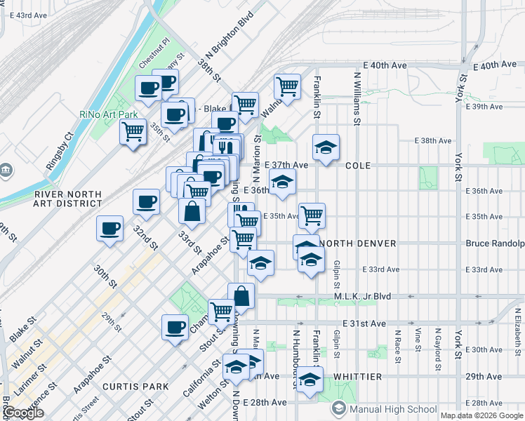 map of restaurants, bars, coffee shops, grocery stores, and more near 3539 North Lafayette Street in Denver