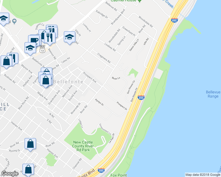 map of restaurants, bars, coffee shops, grocery stores, and more near 1338 Birch Lane in Wilmington