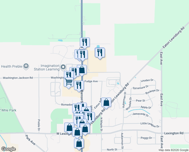 map of restaurants, bars, coffee shops, grocery stores, and more near 109 East Washington Jackson Road in Eaton