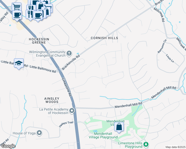map of restaurants, bars, coffee shops, grocery stores, and more near 18A Harvest Lane in Hockessin