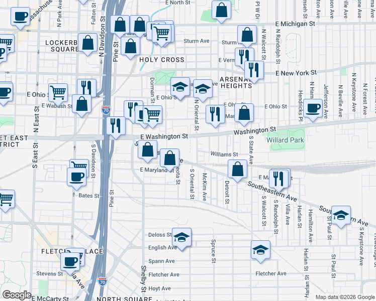 map of restaurants, bars, coffee shops, grocery stores, and more near 1301 East Washington Street in Indianapolis