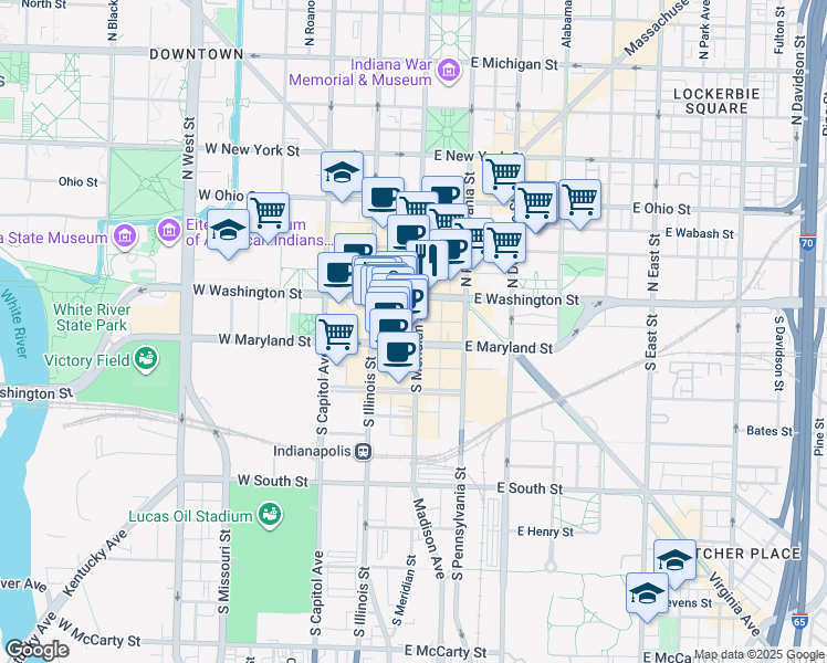 map of restaurants, bars, coffee shops, grocery stores, and more near in Indianapolis