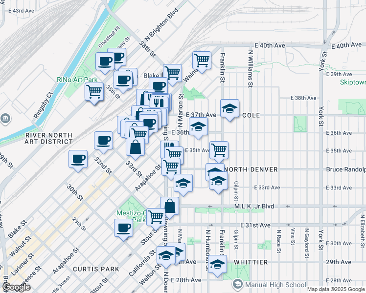 map of restaurants, bars, coffee shops, grocery stores, and more near 3539 North Lafayette Street in Denver