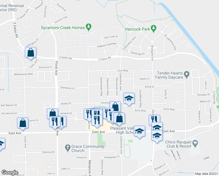 map of restaurants, bars, coffee shops, grocery stores, and more near 1170 Gossamer Lane in Chico