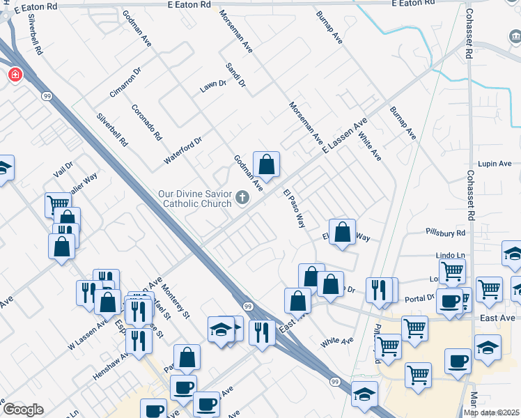 map of restaurants, bars, coffee shops, grocery stores, and more near 567 East Lassen Avenue in Chico