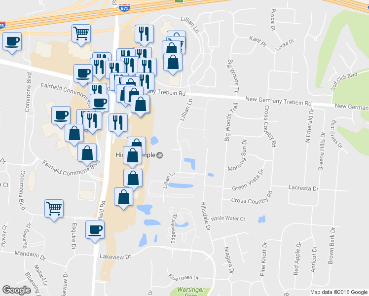 map of restaurants, bars, coffee shops, grocery stores, and more near 2640 Netherland Drive in Dayton