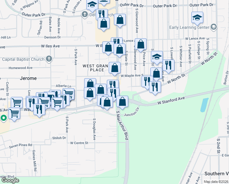 map of restaurants, bars, coffee shops, grocery stores, and more near 2945 South MacArthur Boulevard in Springfield