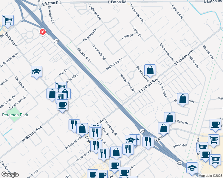map of restaurants, bars, coffee shops, grocery stores, and more near 453 Posada Way in Chico