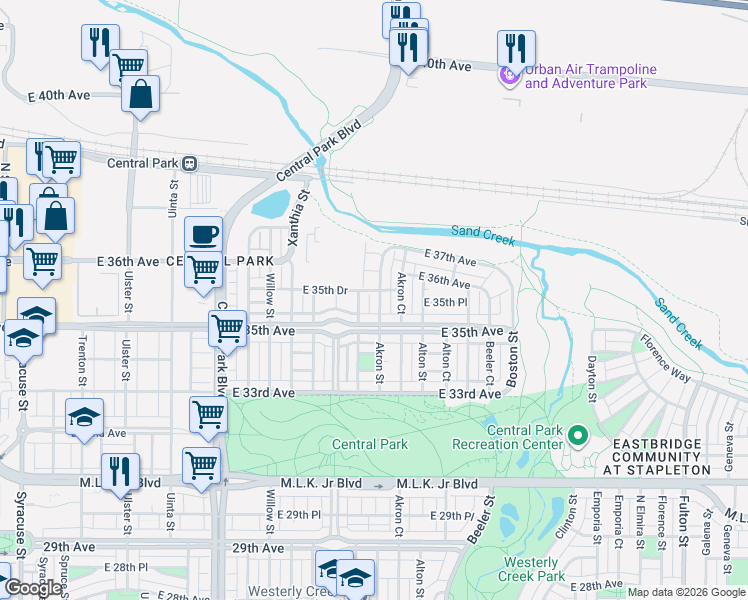 map of restaurants, bars, coffee shops, grocery stores, and more near 3577 Akron Street in Denver