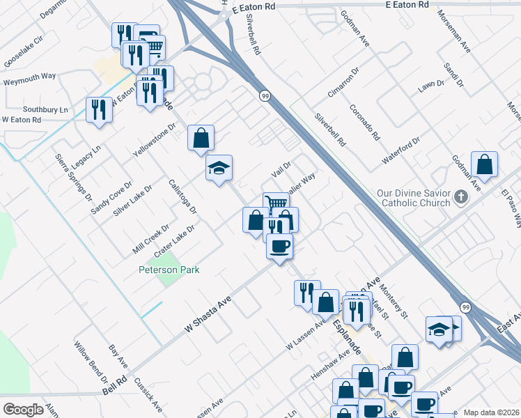 map of restaurants, bars, coffee shops, grocery stores, and more near in Chico