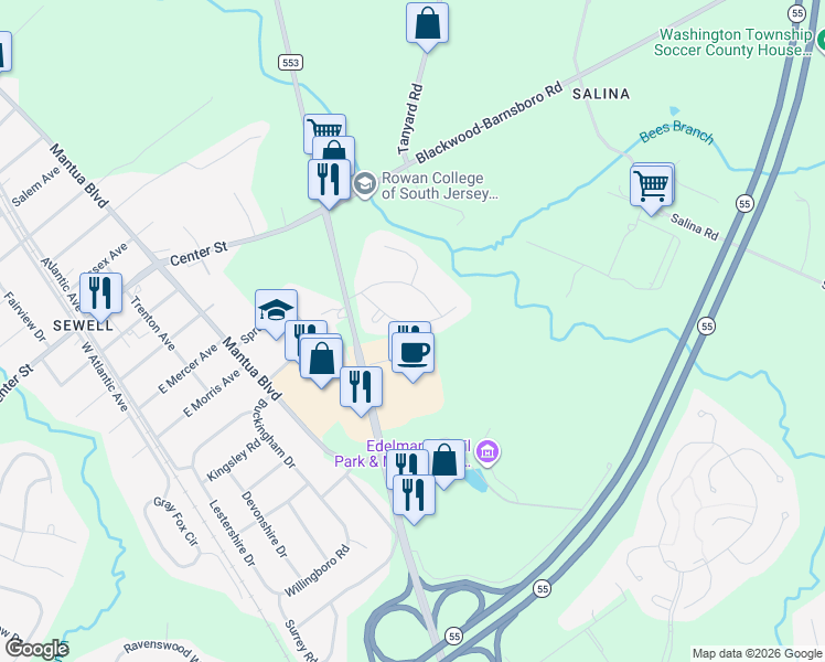 map of restaurants, bars, coffee shops, grocery stores, and more near 30 Arbour Lane in Gloucester County
