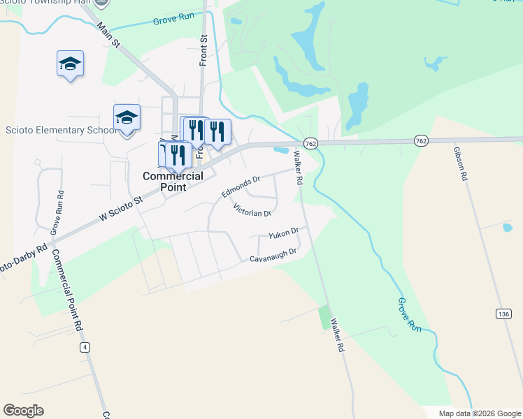 map of restaurants, bars, coffee shops, grocery stores, and more near 121 Brittney Road in Commercial Point