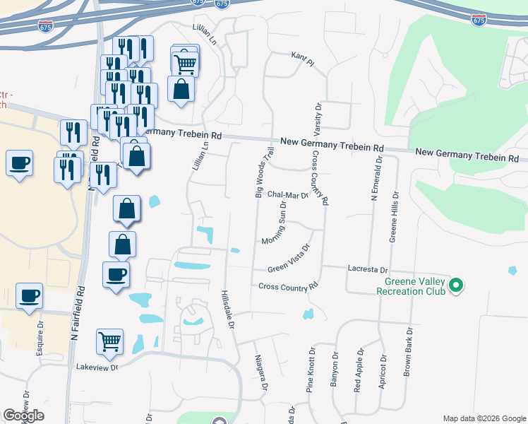 map of restaurants, bars, coffee shops, grocery stores, and more near 2648 Big Woods Trail in Dayton