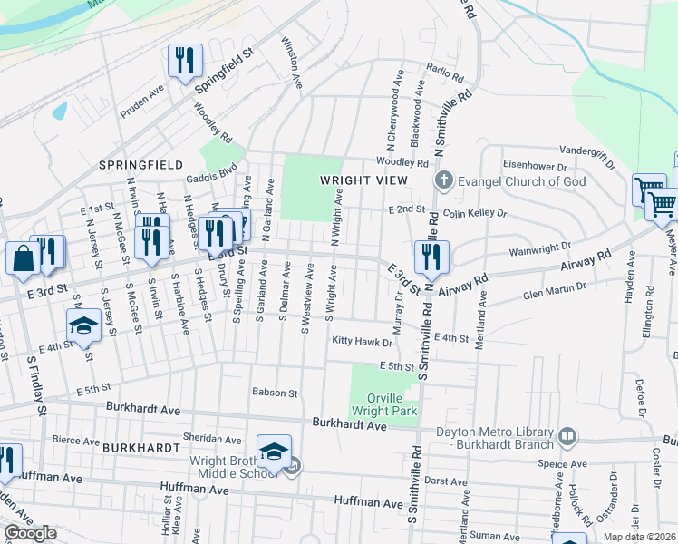 map of restaurants, bars, coffee shops, grocery stores, and more near 3822 East 3rd Street in Dayton