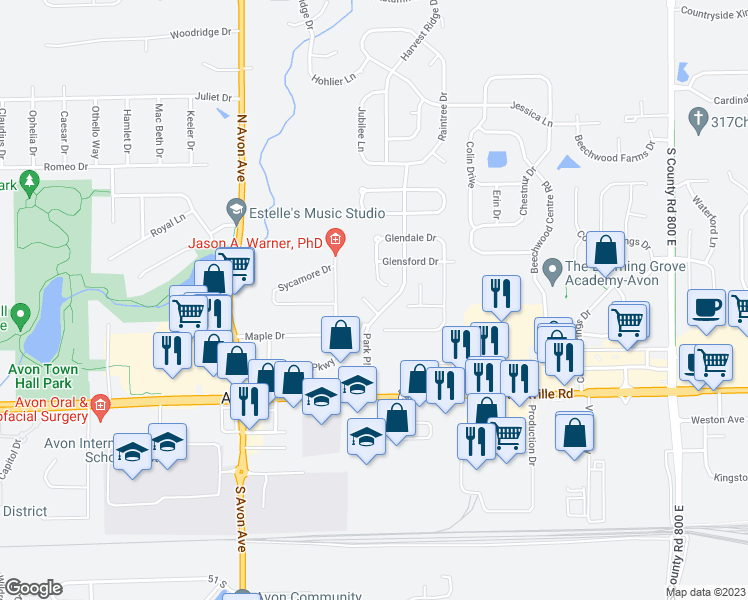 map of restaurants, bars, coffee shops, grocery stores, and more near 219 Park Place Court in Avon