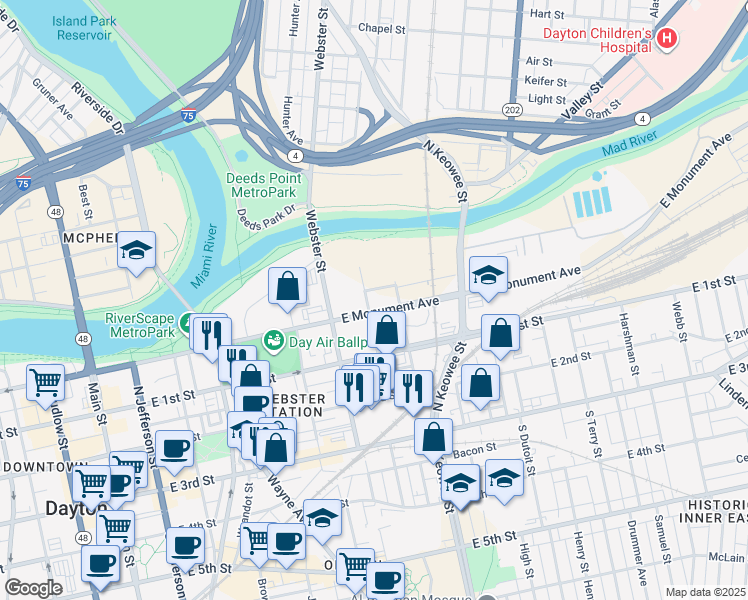 map of restaurants, bars, coffee shops, grocery stores, and more near 241 Taylor Street in Dayton